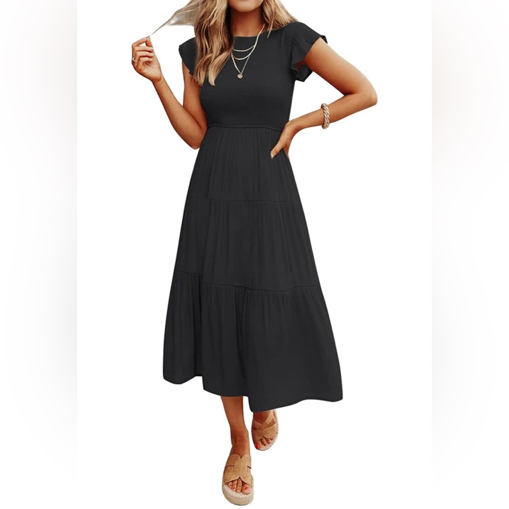 ZESICA Casual Flutter Short Sleeve Crew Neck Smocked Elastic Waist Tiered